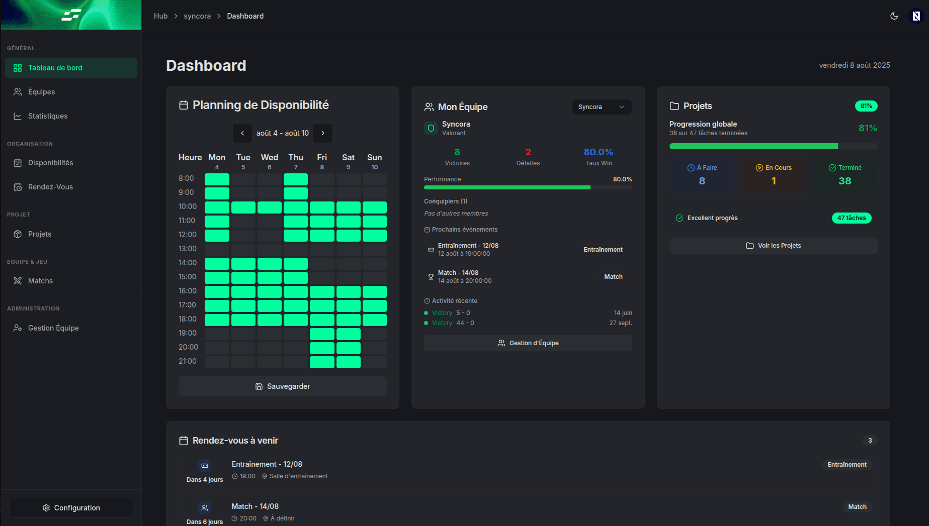 Aperçu de l'application Syncora: tableau de bord et planning pour équipes esport